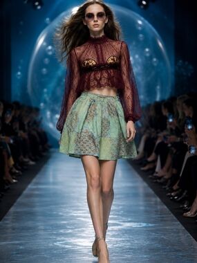 CUSTO BARCELONA Mint Green EMBROIDERED LEAF Runway Skirt